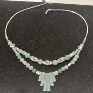 Celtic-themed green and silver necklace EUC